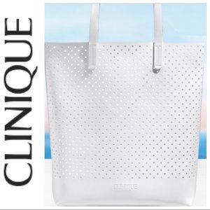CLINIQUE WHITE PERFORATED FAUX LEATHER TOTE BAG NWT